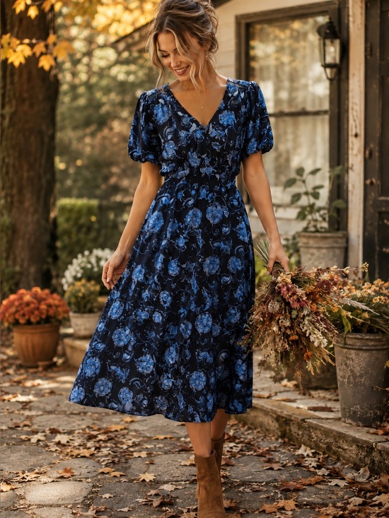 Harper Rose Dresses & Skirts - Harper Rose Blue Floral Midi Dress Size 4 Smocked Waist Puff Sleeve